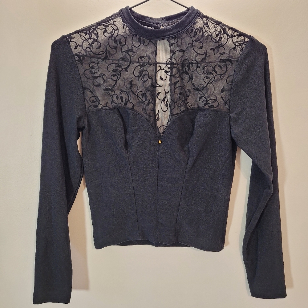 Aubade 80s Vintage Lace Sheer Black Bodycon Long Sleeve Crop Top - S